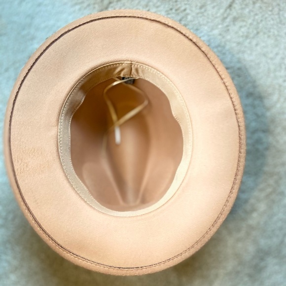 New Fedora faux wool felt camel hat vegan animal print leather woven head strap - Picture 2 of 3